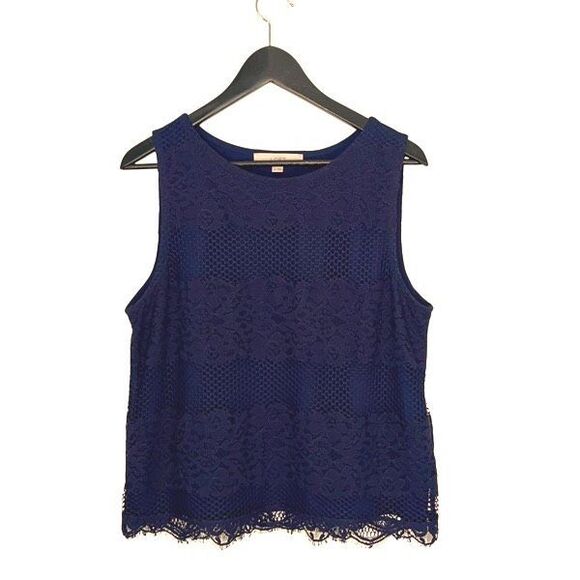 Loft Lace Overlay sleeveless top blouse round neck Black Large Petite - Picture 1 of 8